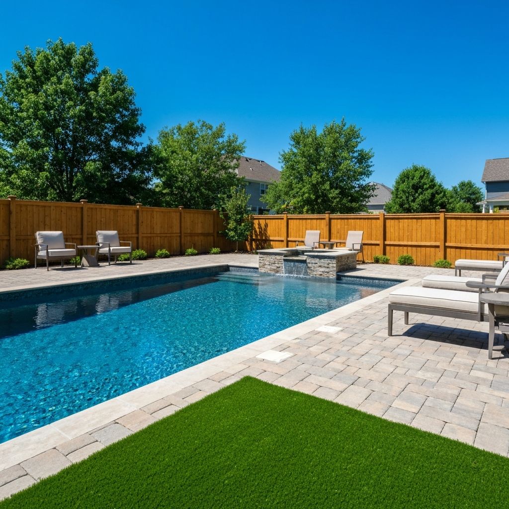 Pool area with stone paver deck