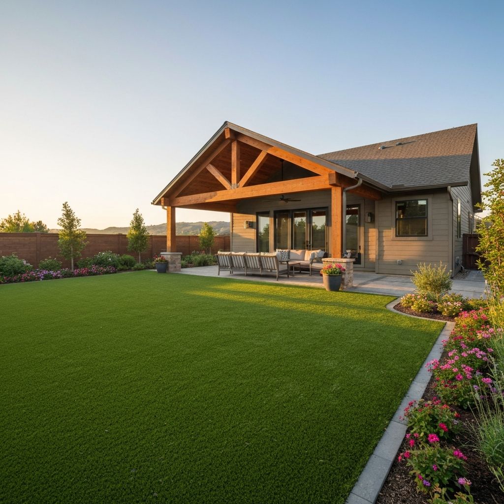 Beautiful backyard with lush green turf and covered patio